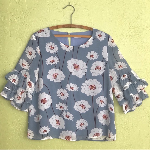 LUCCA Dusty Blue Blouse with Tiered Ruffle Sleeves - Picture 2 of 8